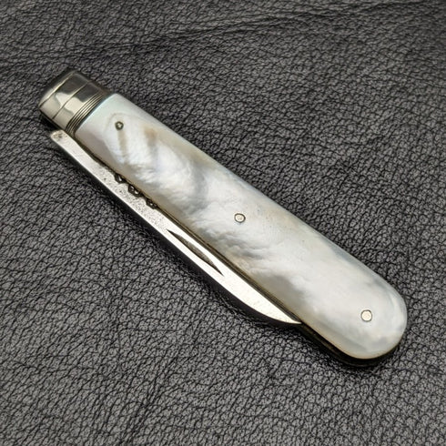1896 British Antique White Pearl Shell Handle Pure Silver Blade Folding Pen Knife